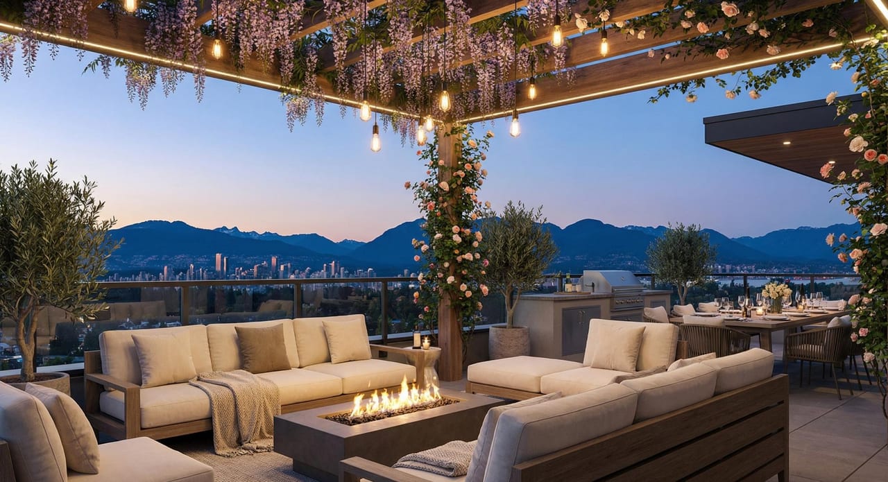 The terrace lounge glowing into the evening.