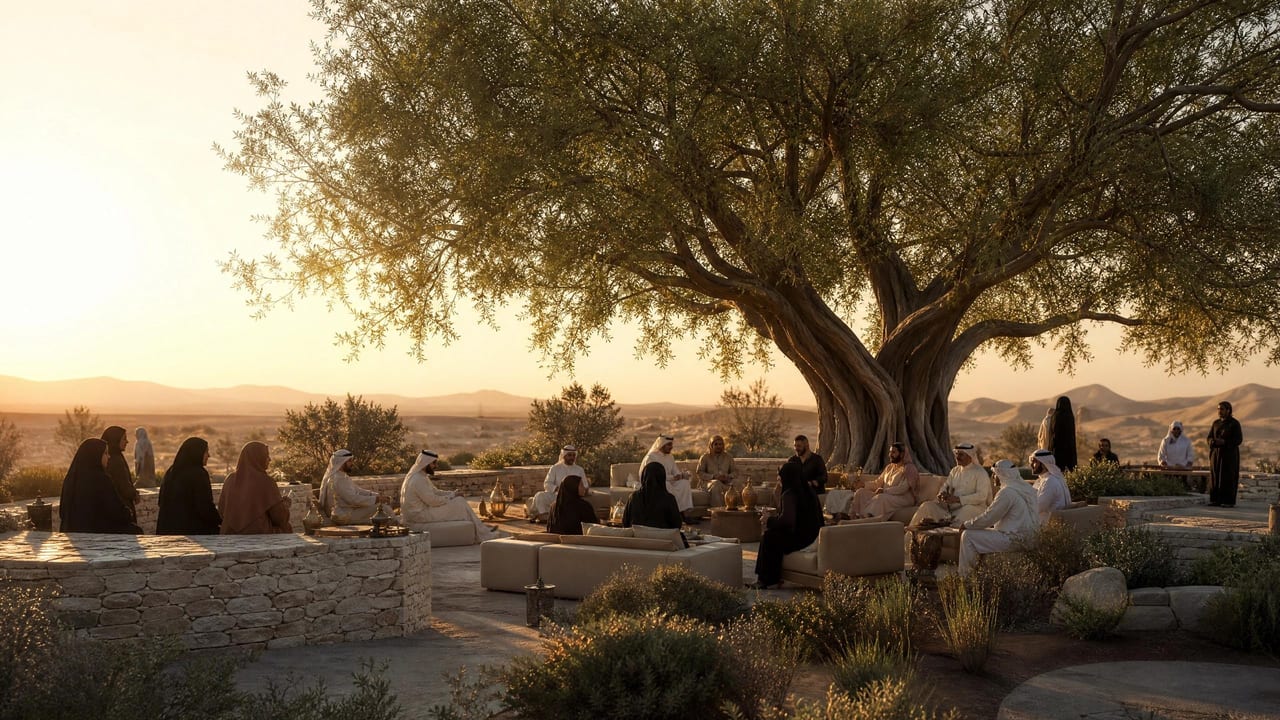 A mature Sidr tree shading a gathering of people on the desert floor.