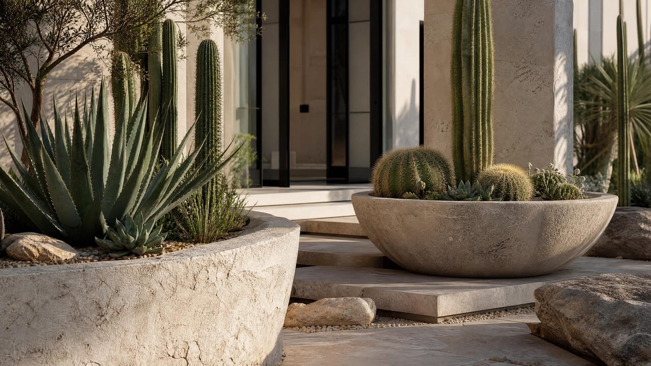 Close planting of desert succulents against warm stone paving.