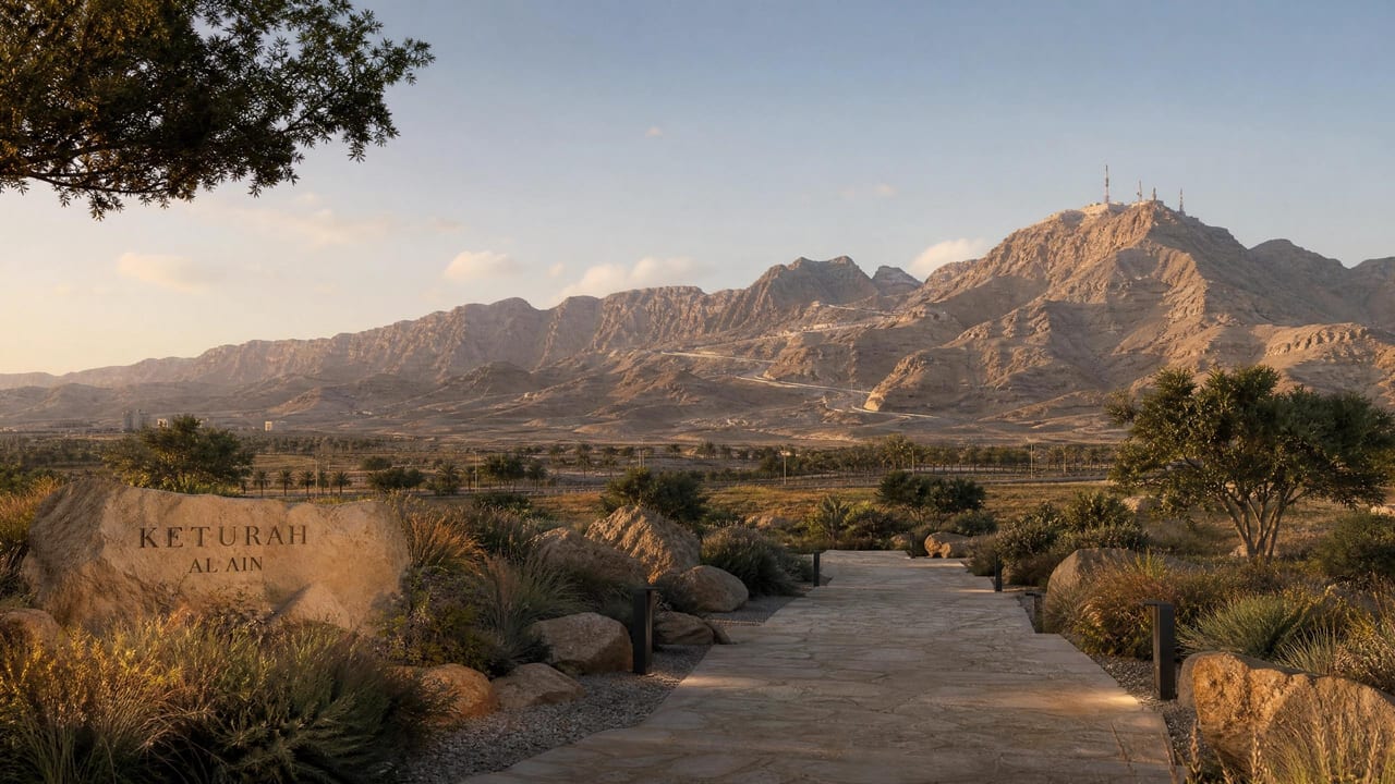 Low stone residences settled beneath the ridgeline of Jebel Hafit under a clear morning sky.