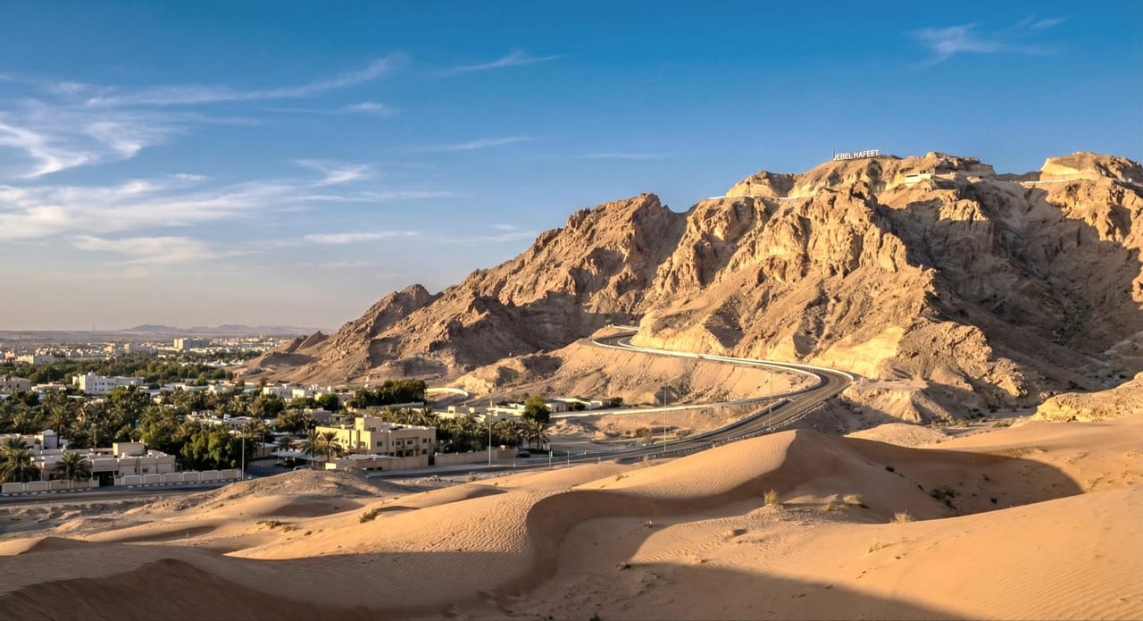 Panorama of the sanctuary set against the layered slopes of Jebel Hafit.