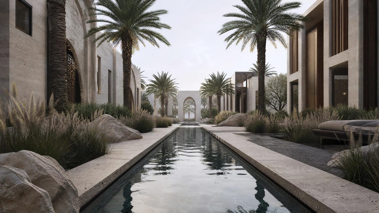 A narrow falaj water channel running between palms, echoing ancient Al Ain irrigation.