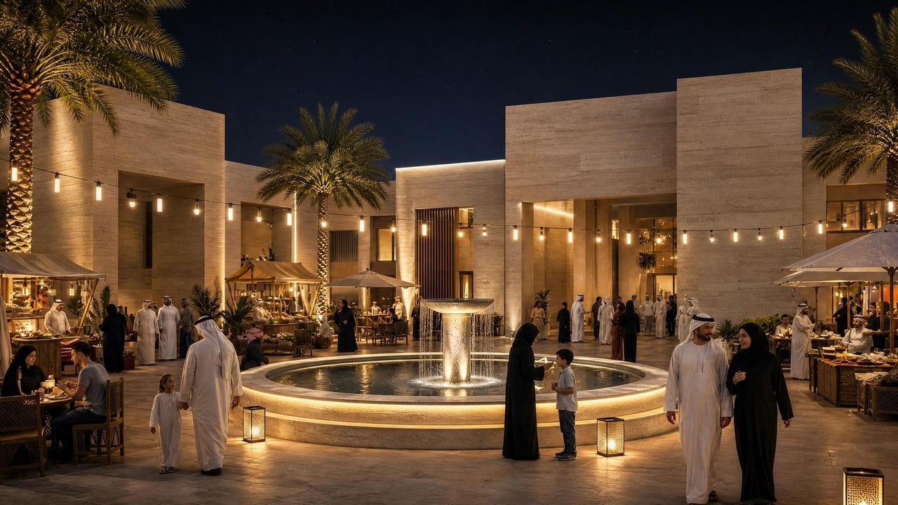 The central plaza at night, strings of light over people gathered among lit arcades.