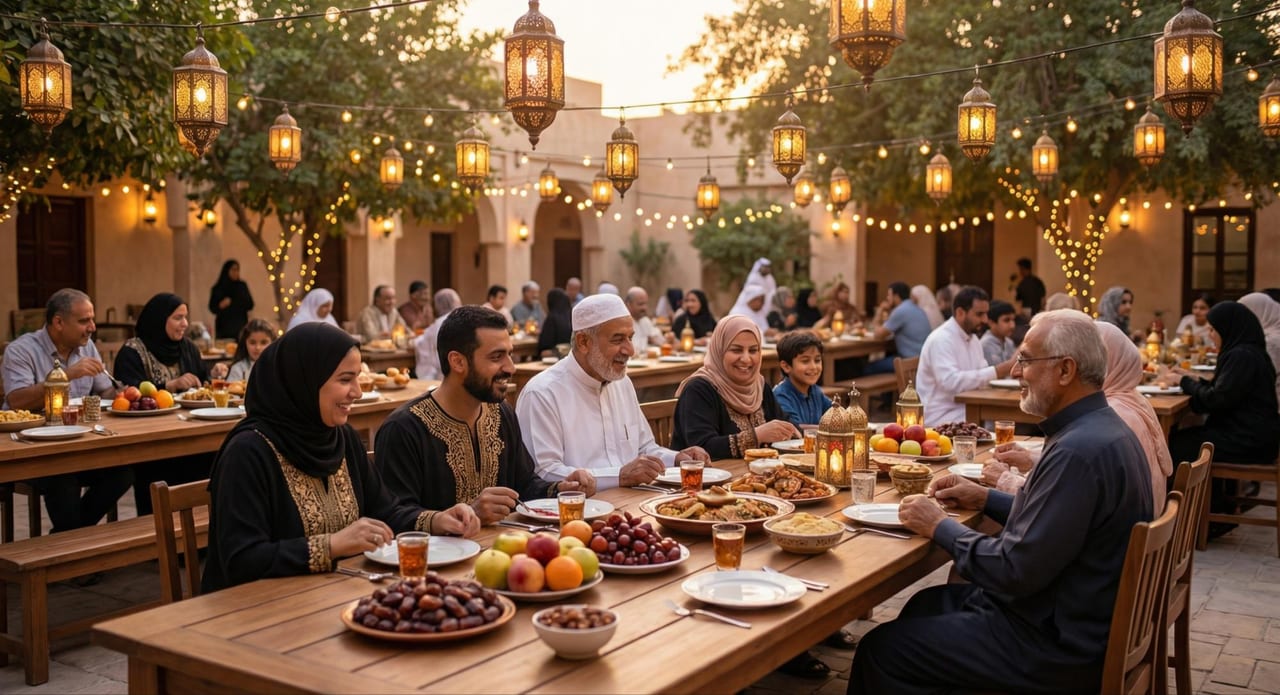 A long communal dining table laid under strings of light for an evening meal.