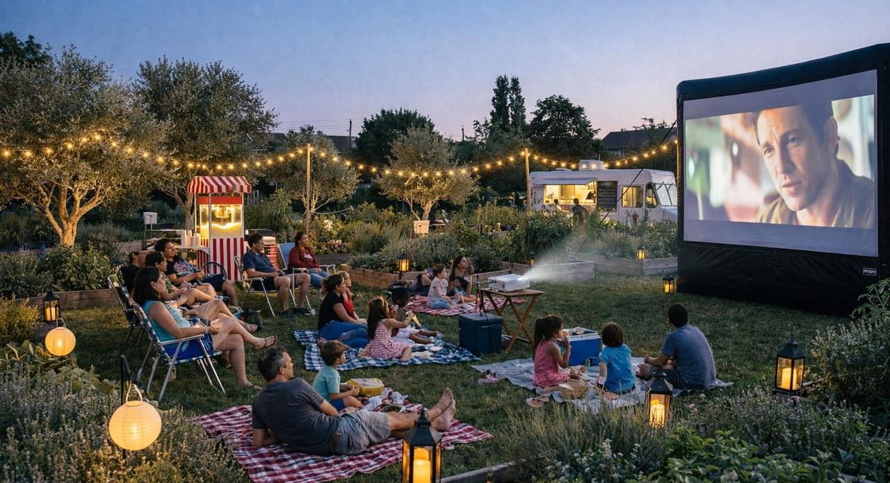 An outdoor cinema at night, guests reclined before a glowing screen.