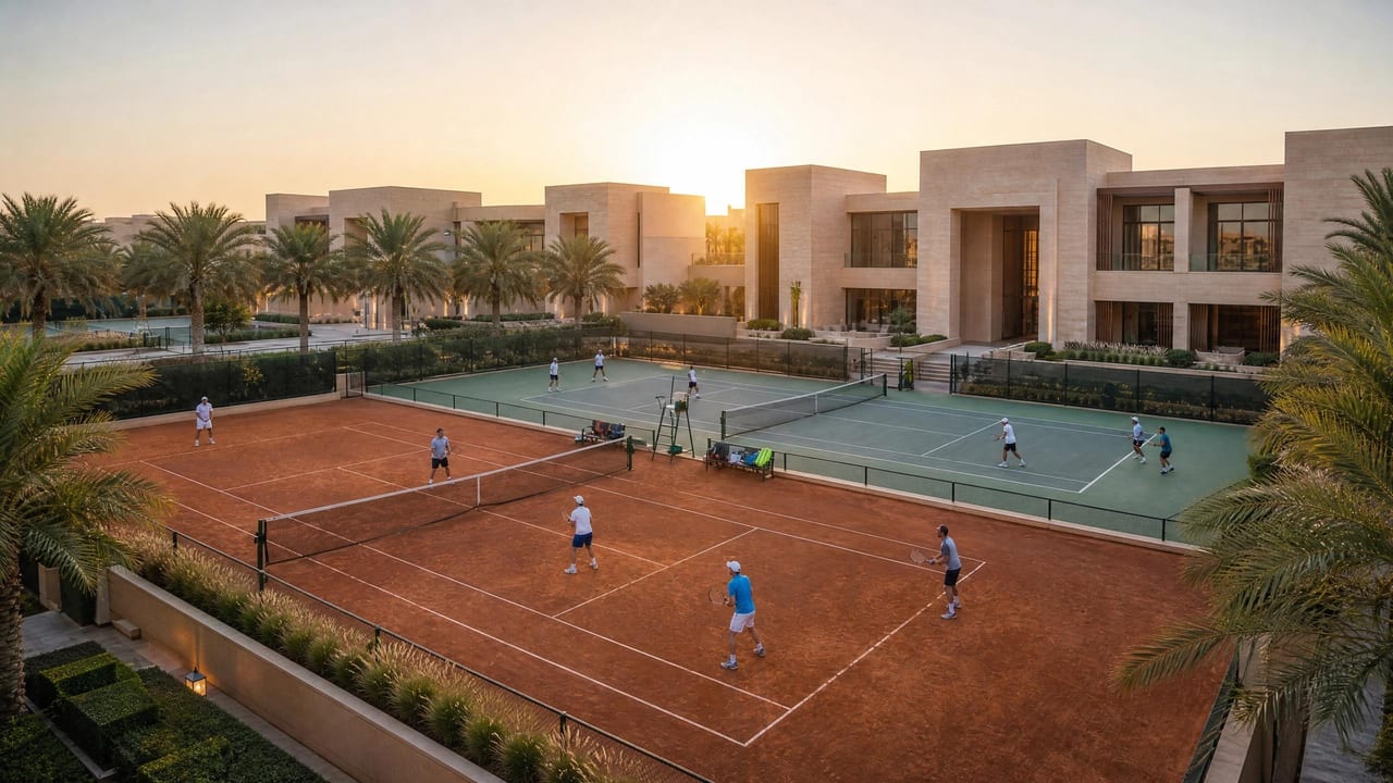 Players on a clay tennis court framed by trees at the sports centre.