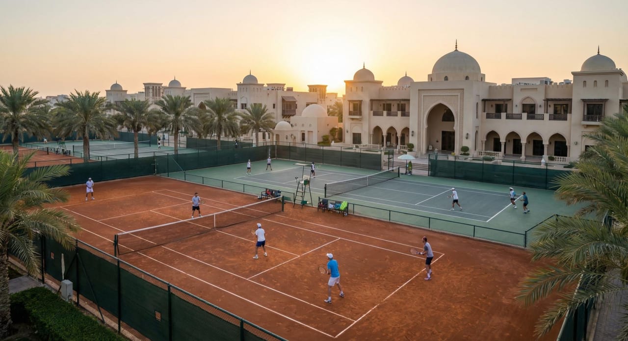The clay tennis courts among mature planting.