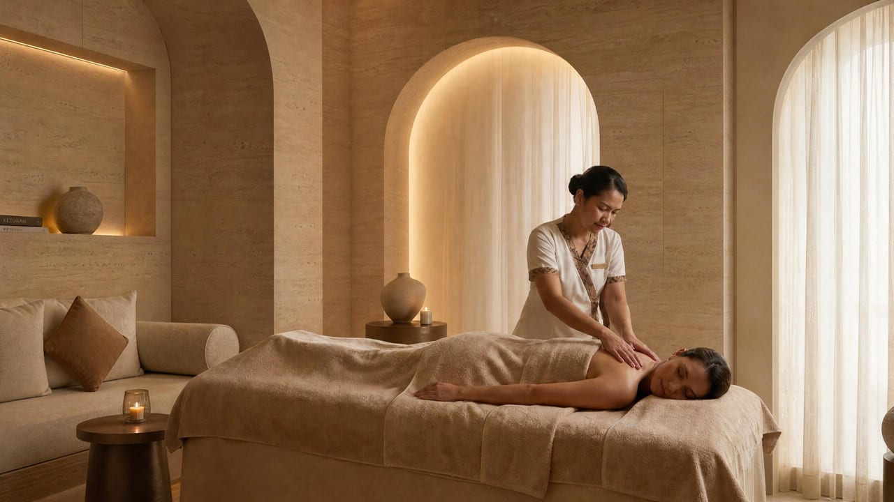 A therapist attending to a guest on a treatment bed in a calm, naturally lit spa room.