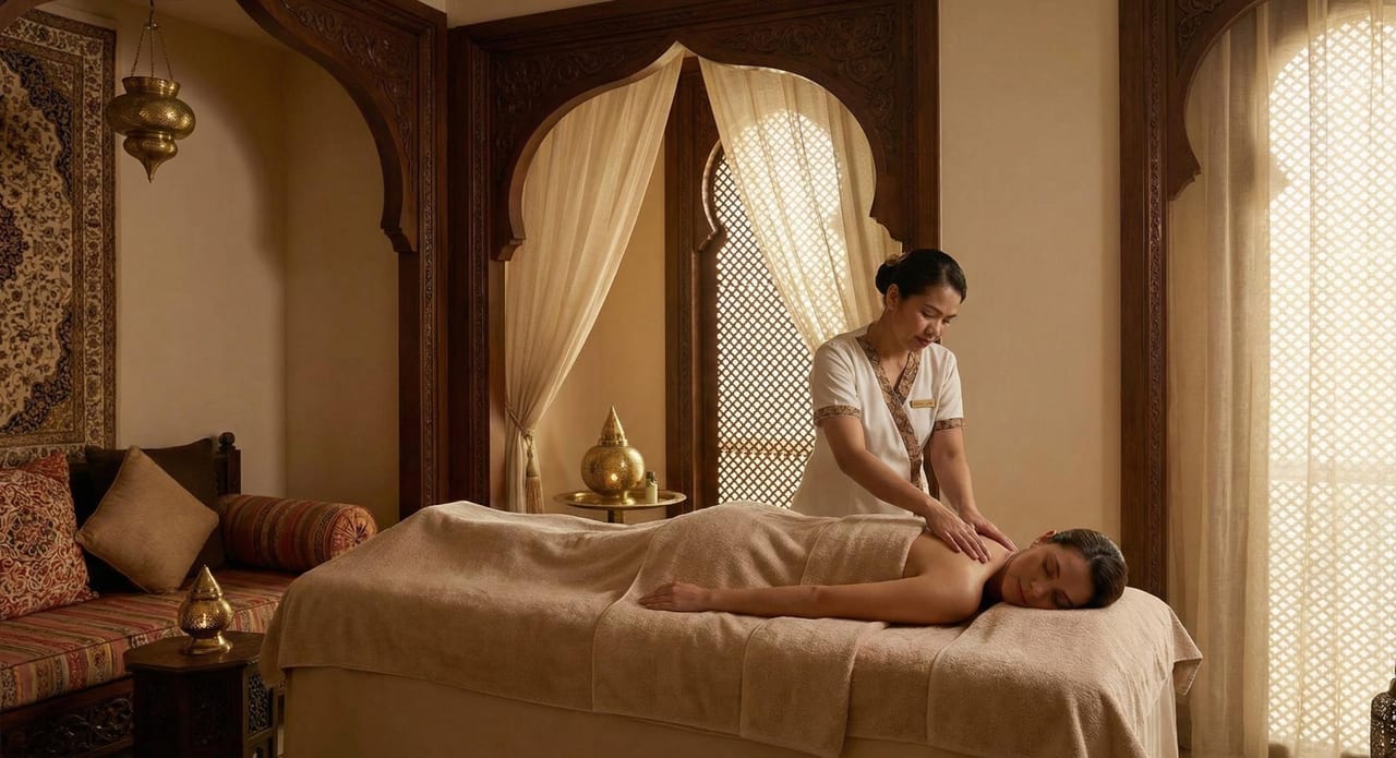 A serene spa treatment room in warm stone.