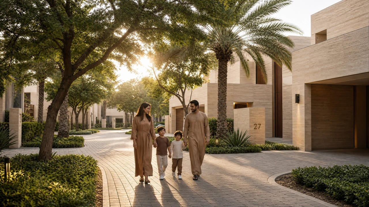Residents walking and exploring the shaded community streets.