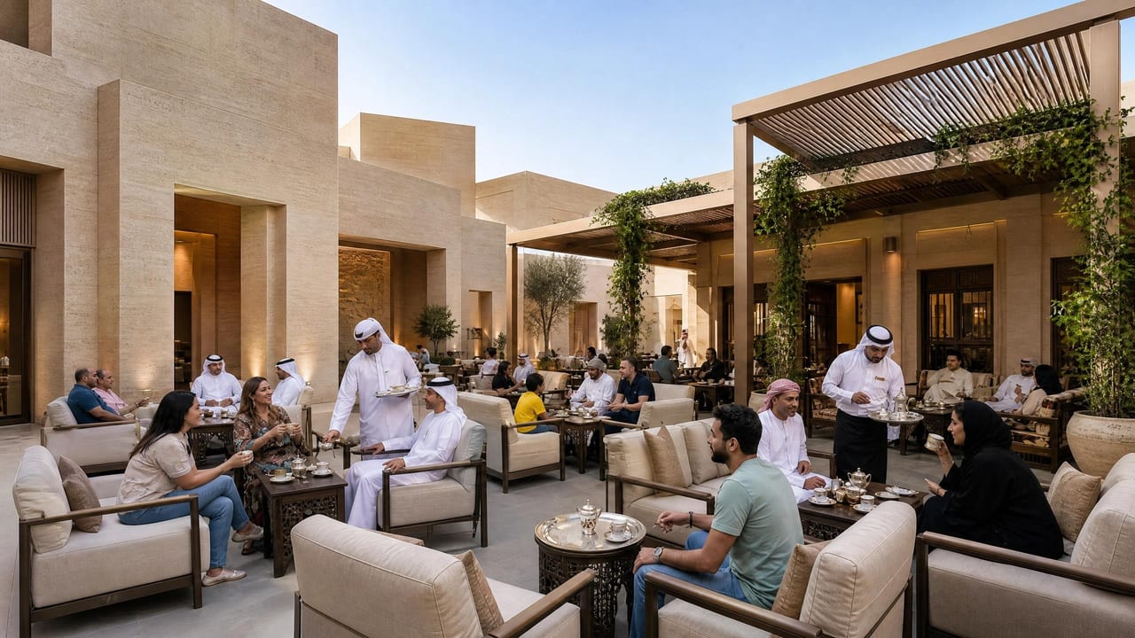 A shaded café terrace with guests among planting and warm stone.