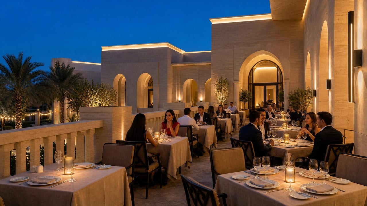 A restaurant interior in earth tones, tables set beneath a sculpted ceiling.