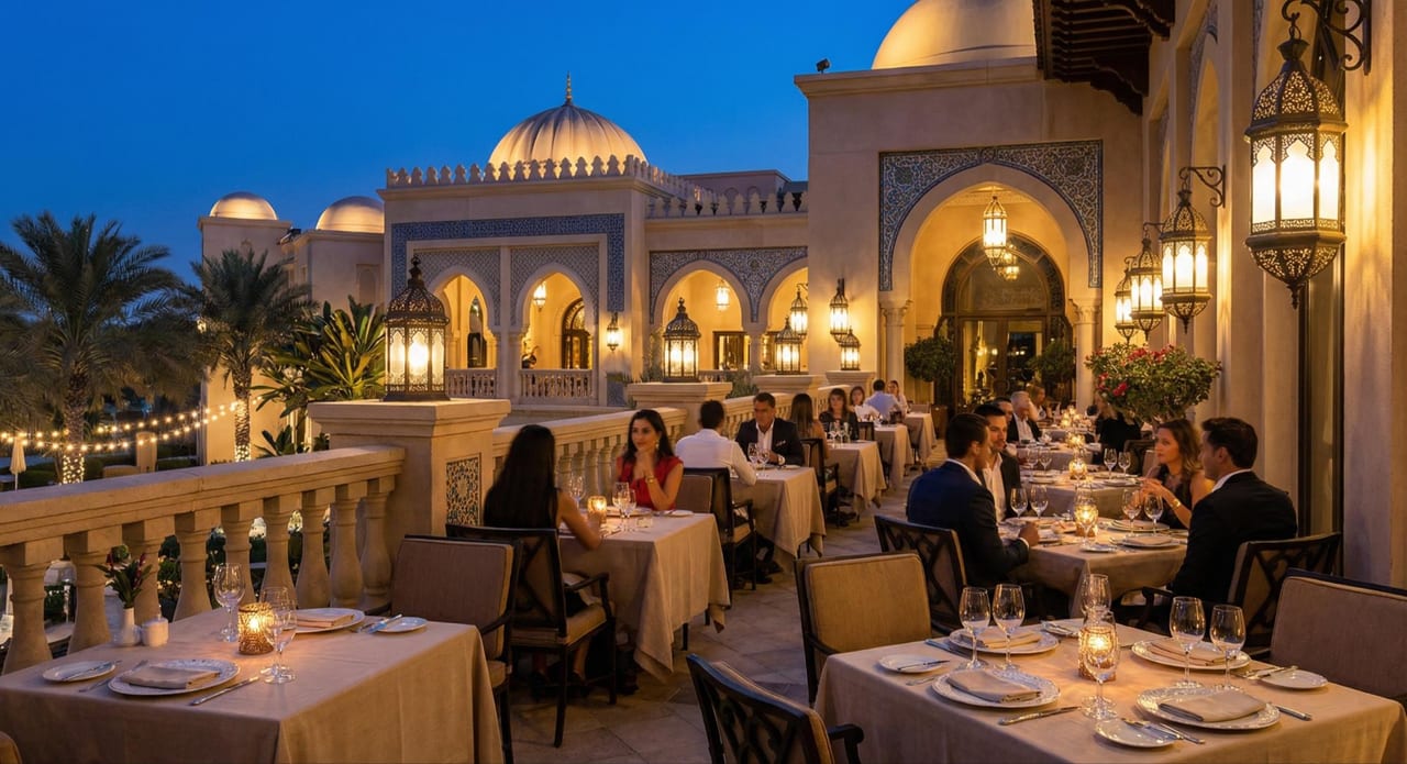 The restaurant terrace opening to the evening plaza.