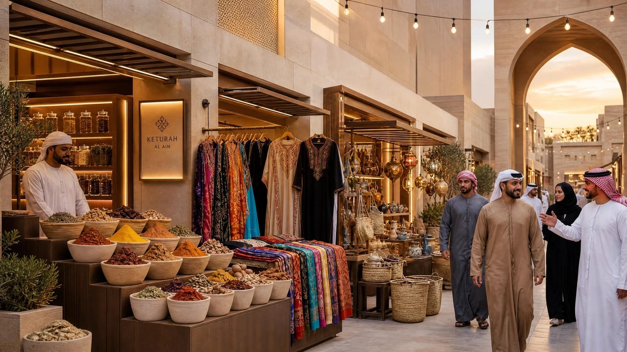 A market vendor's stall bright with textiles and goods.