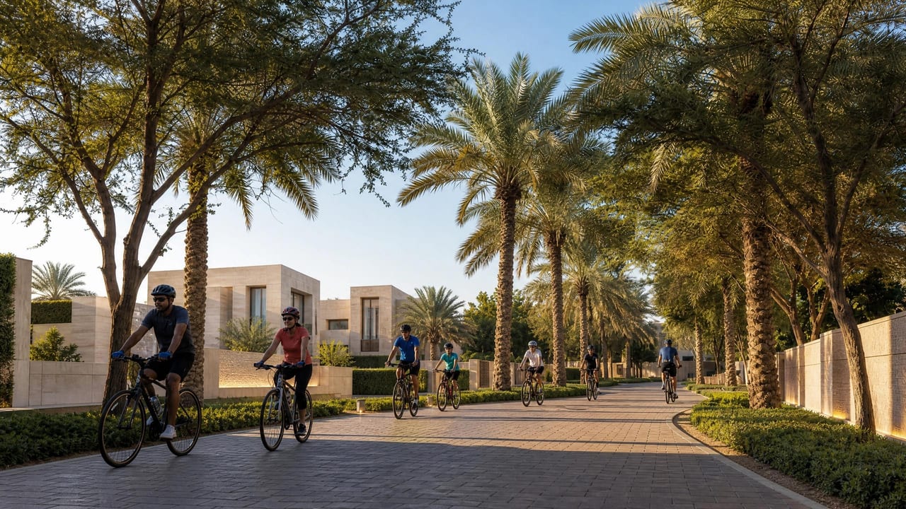 Cyclists on a shaded, car-free trail lined with palms.