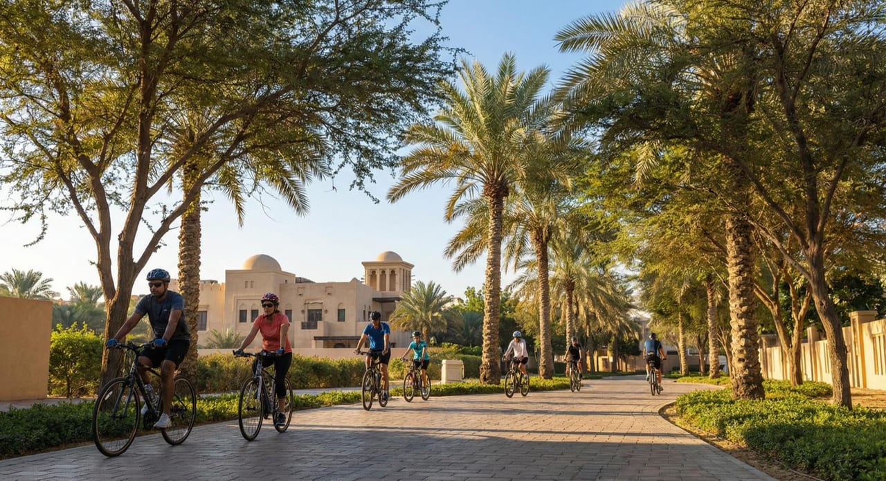 A family cycling the green trail network.