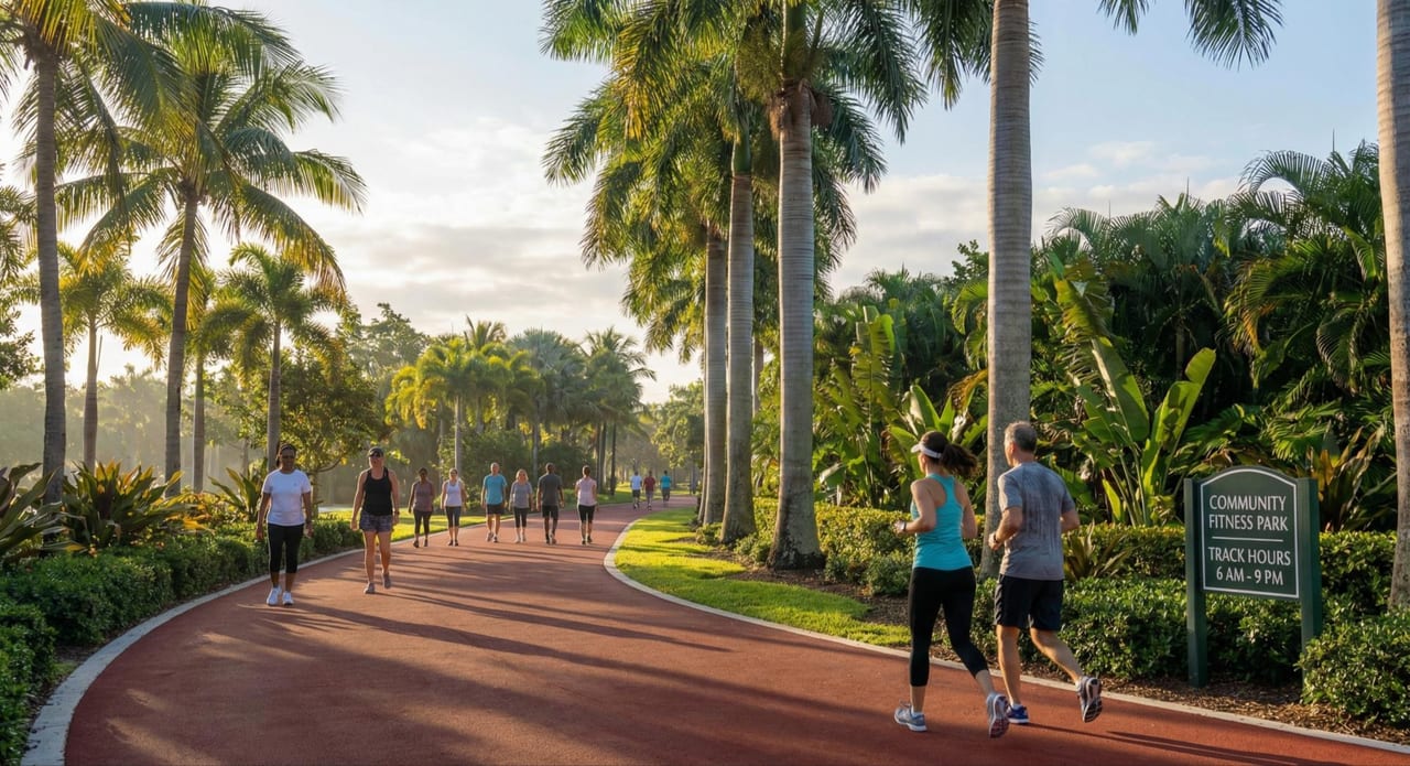 A runner on a tree-lined jogging path in early light.