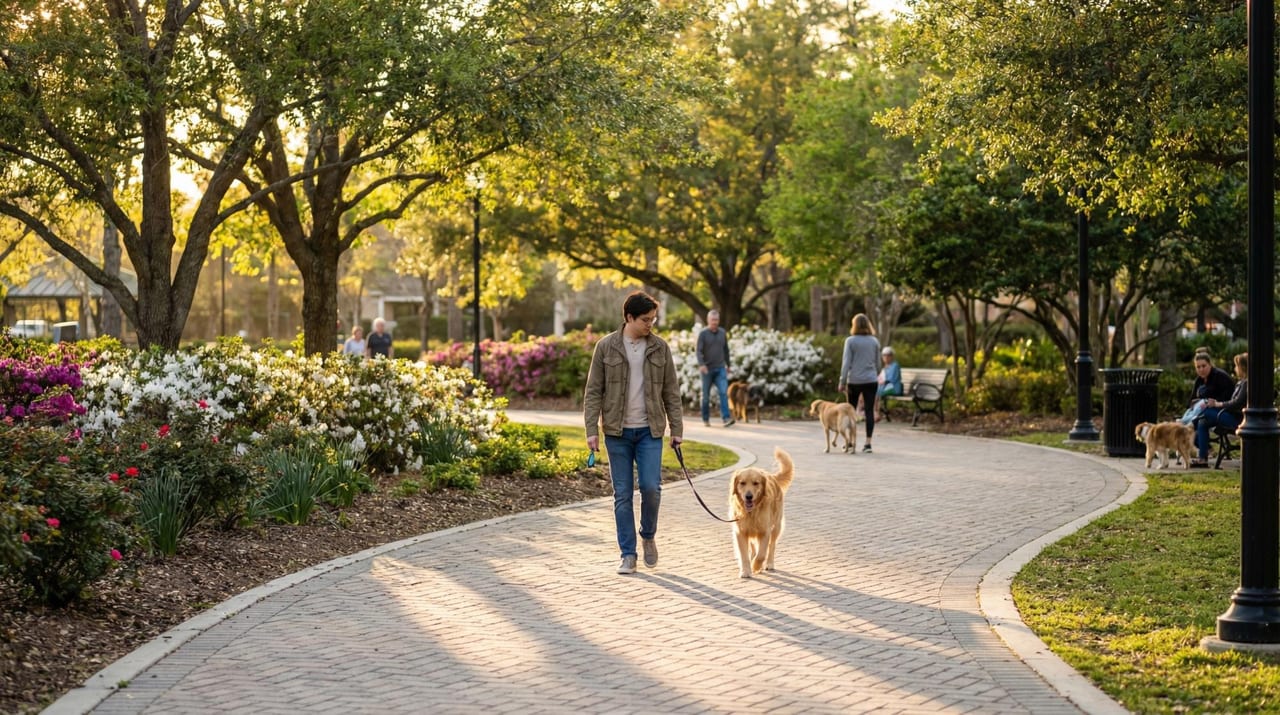 A resident walking a dog along a green, pet-friendly trail.