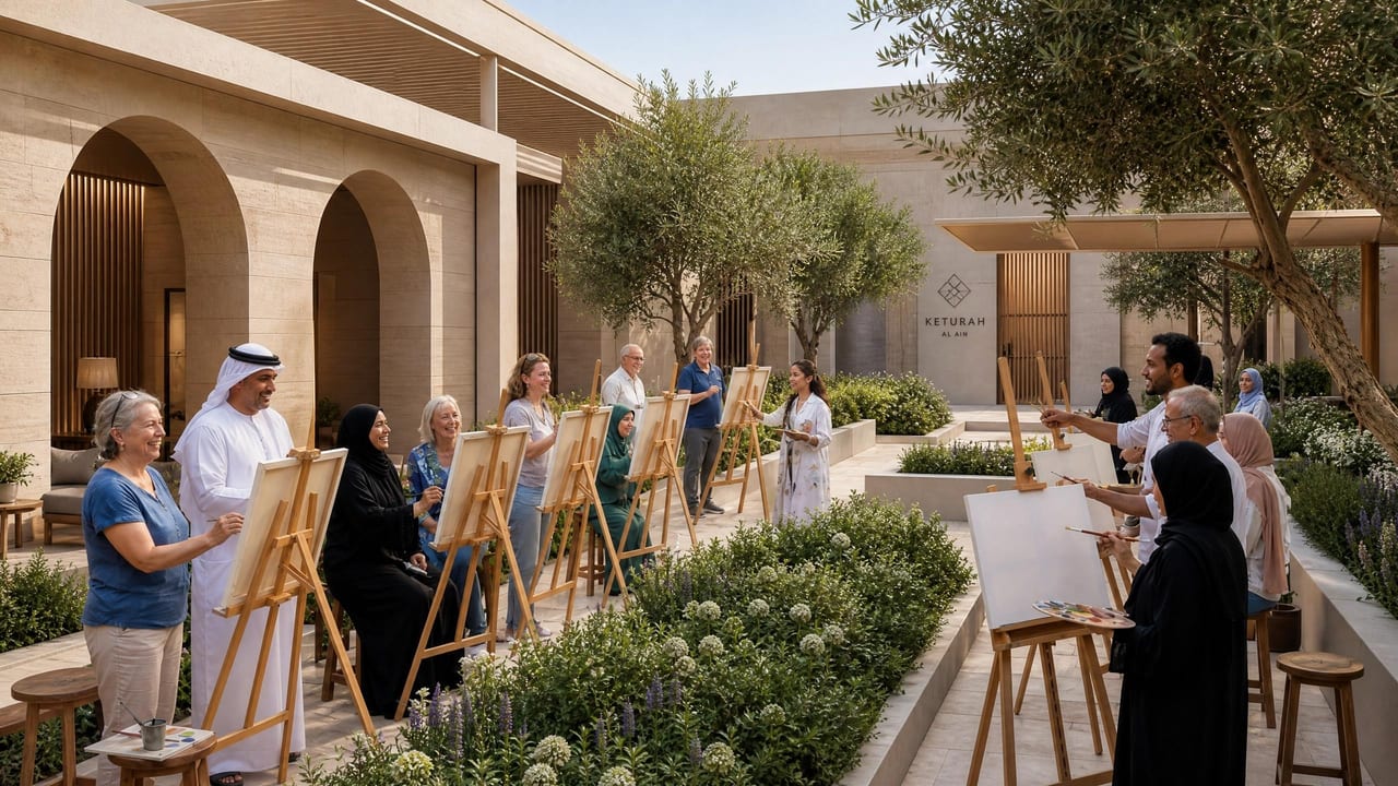 An outdoor art class, easels set among the gardens.
