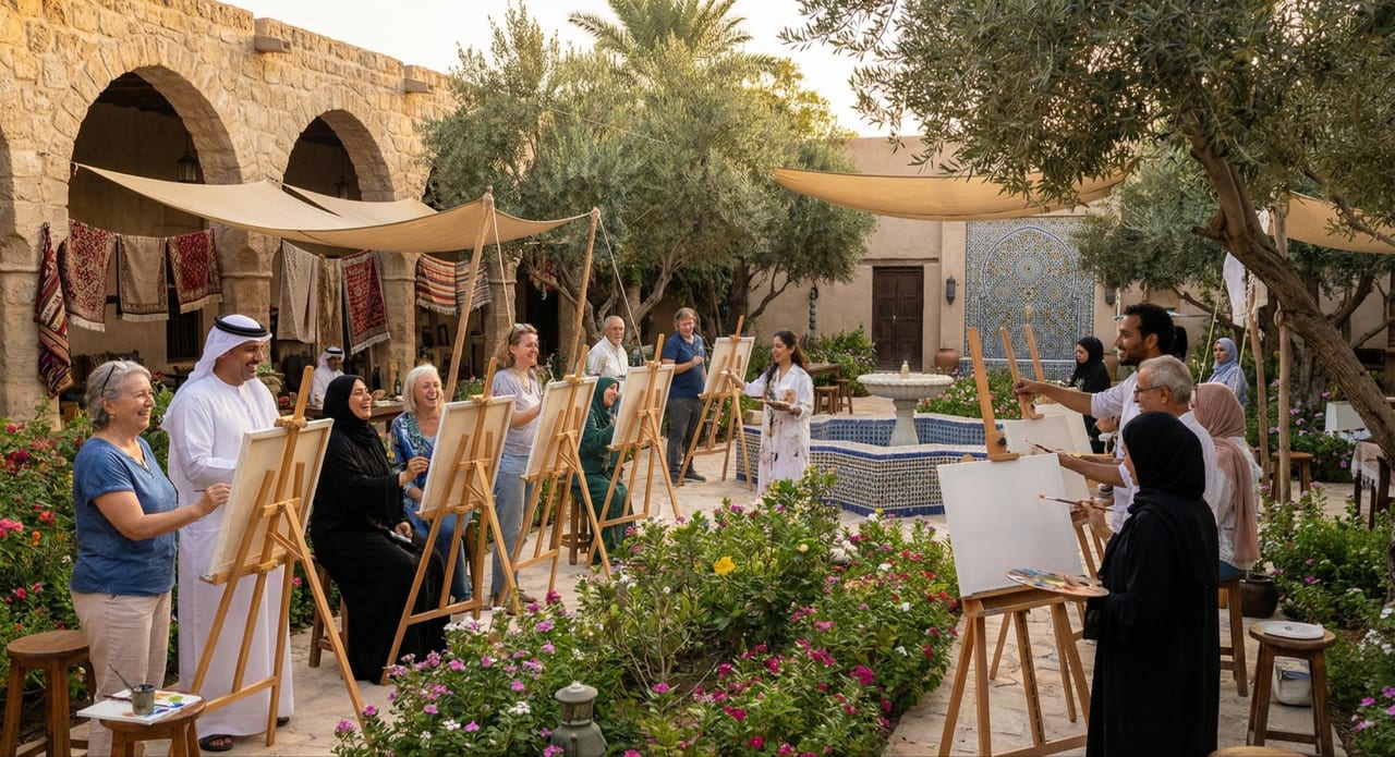 Residents painting together in the open air.