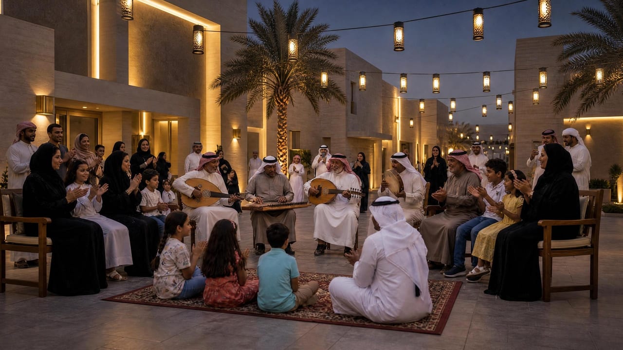 An evening music gathering in the plaza, an audience seated under lights.