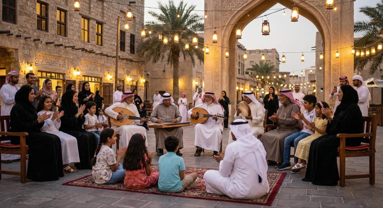 Musicians performing to a seated evening crowd.
