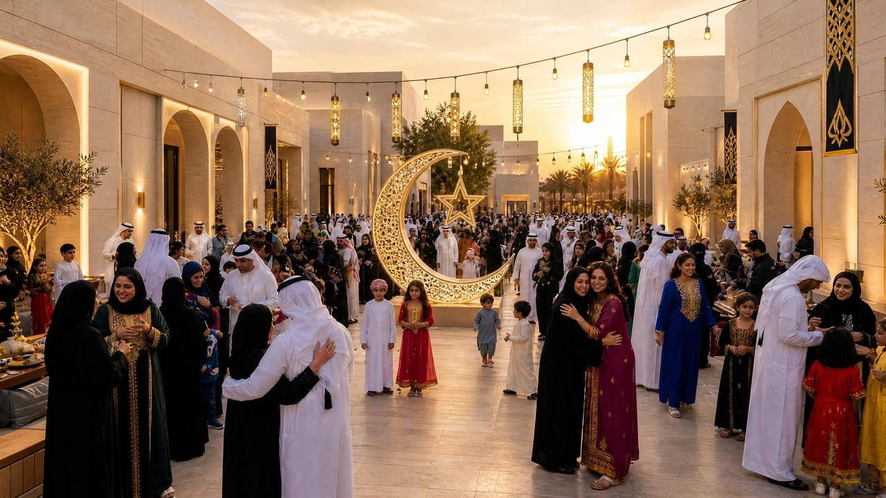 A community celebration, a circle of people in traditional dress under lanterns.