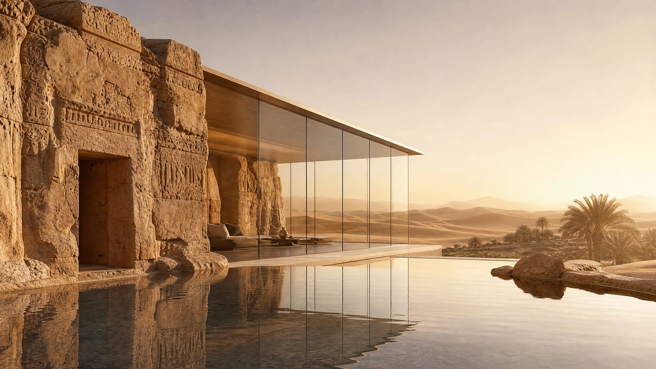 A glass-walled pavilion set into ancient carved stone, cantilevered over a still reflecting pool above the dunes at golden hour.