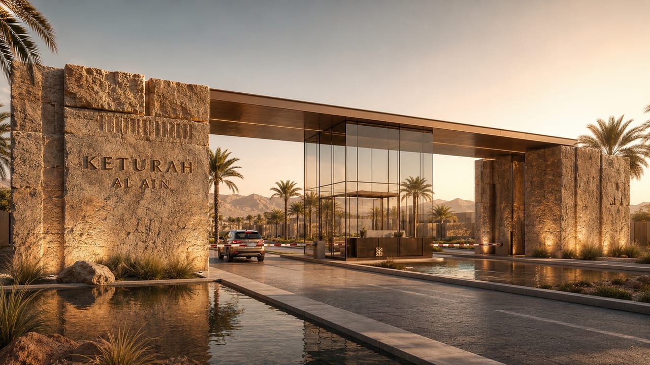 The Keturah Al Ain arrival gate — a rough-stone monument and glass gatehouse beneath a bronze canopy, reflecting pools and Jebel Hafit beyond at golden hour.
