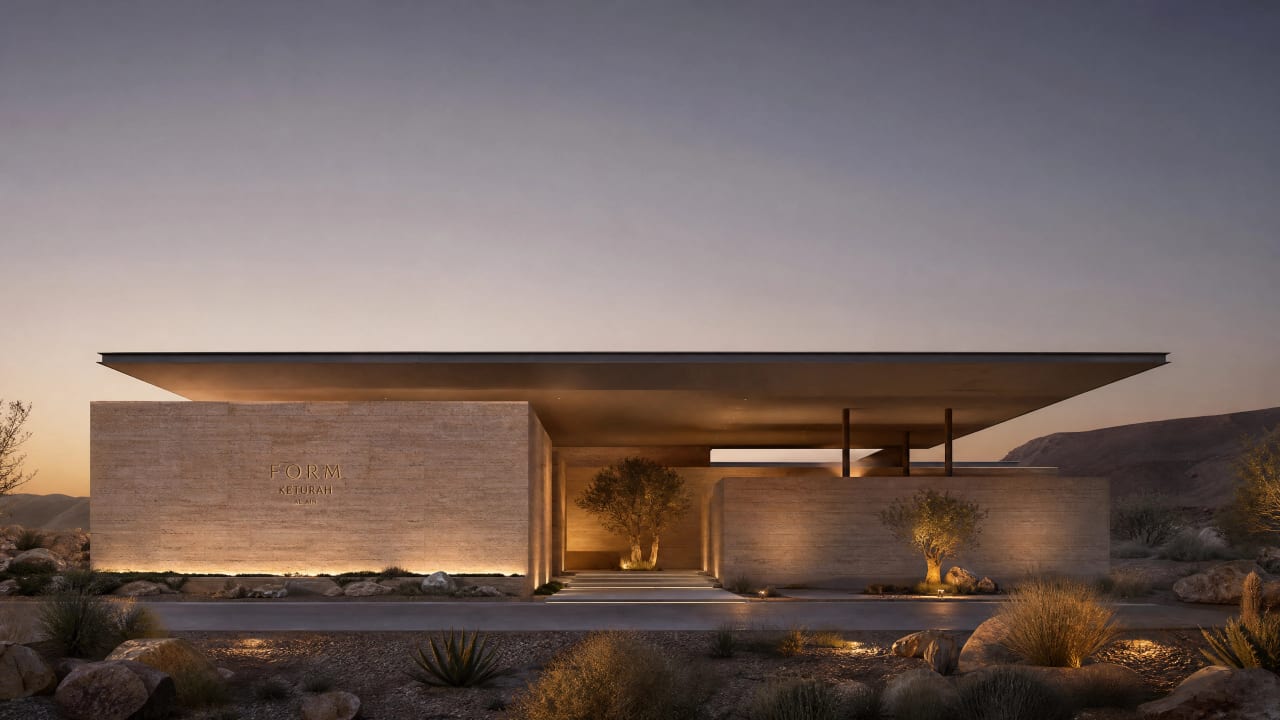 A low, horizontal stone pavilion whose massing bows to the desert landscape.