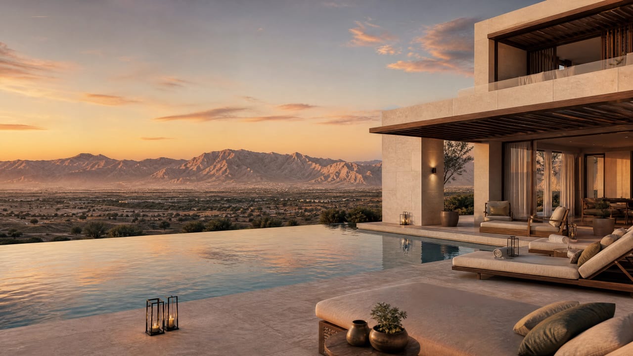 An infinity-edge pool and shaded villa terrace at sunset, looking out to the mountains of Al Ain.