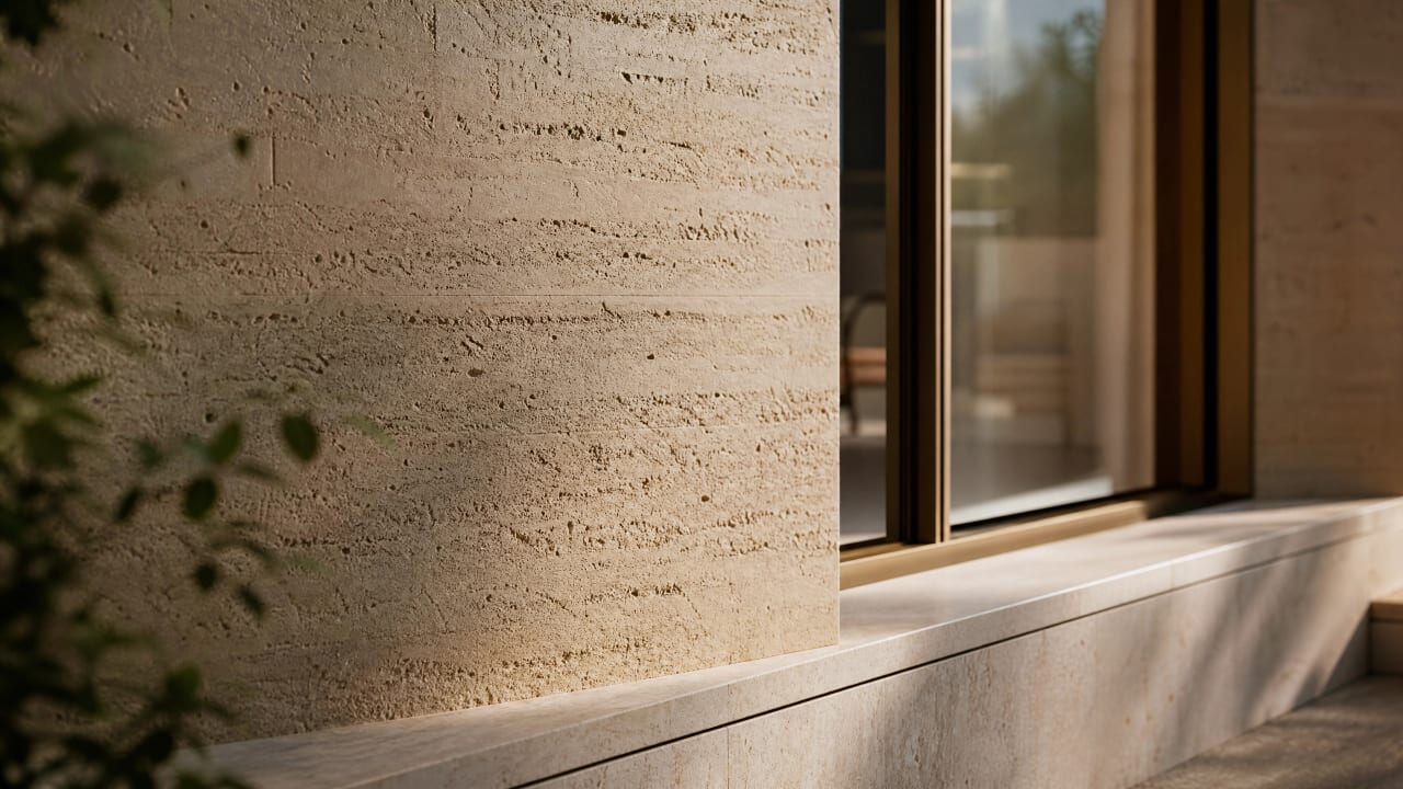 Close detail of a rammed-earth and travertine wall meeting a bronze-framed window in raking light.
