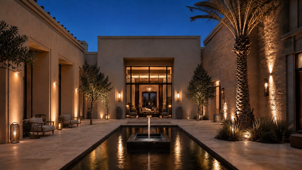 A villa courtyard at twilight, a fountain channel drawing the eye toward a glowing, glass-walled majlis.