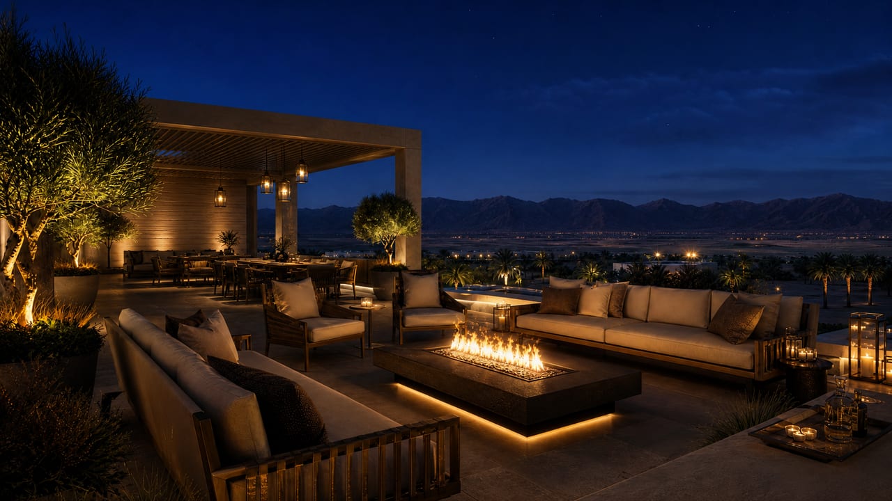 A rooftop lounge at night — a fire table and low seating beneath the desert sky and distant mountains.