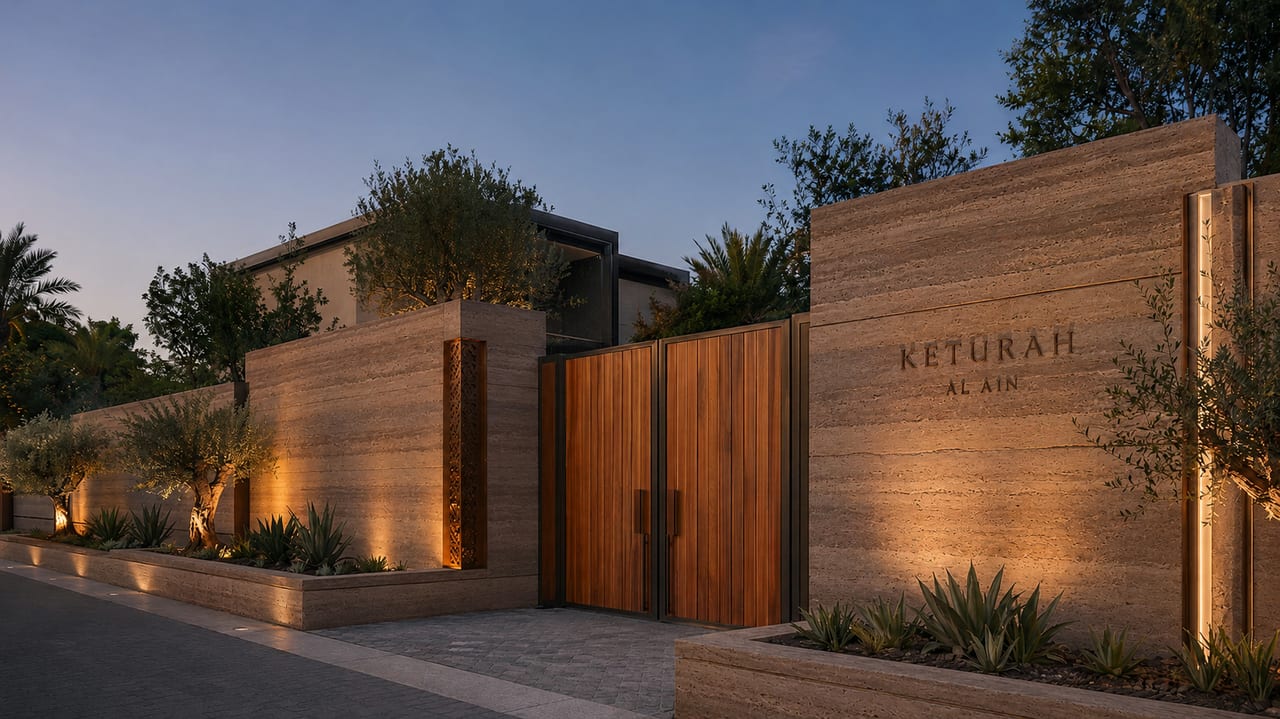A private villa gate at dusk — a timber gate in a rammed-earth wall carrying the Keturah Al Ain name.