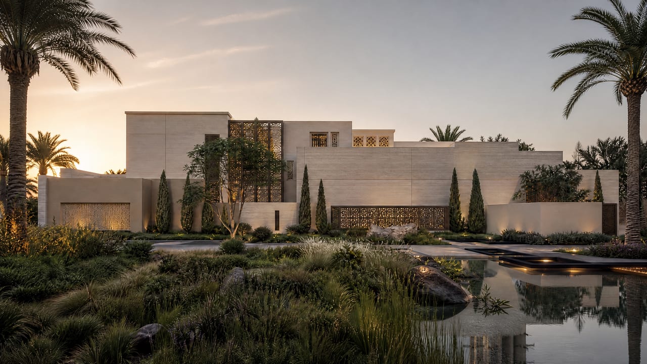 A private villa at first light — stone volumes and carved screens set within native planting and a reflecting pool.